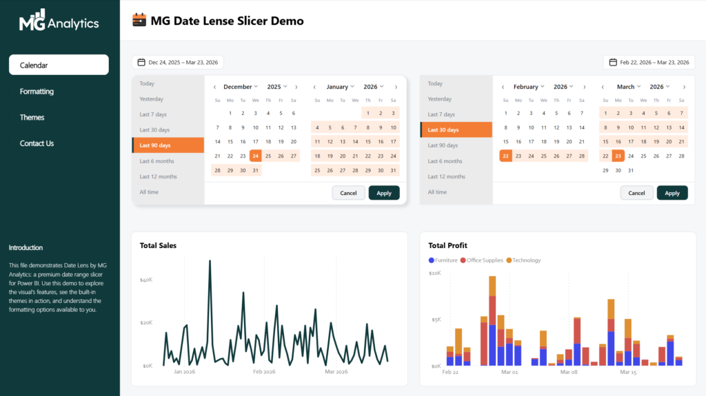 MG Date Lense Custom Date Range Slicer