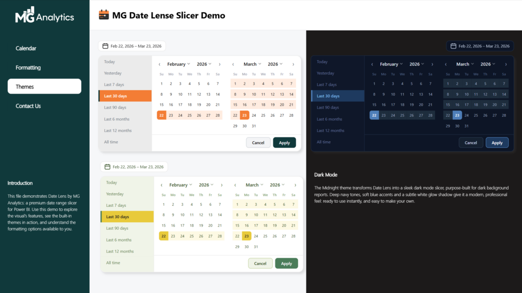 MG Date Lense Custom Date Range Slicer