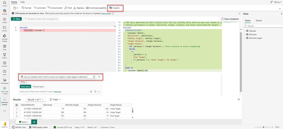This screenshot demonstrates how to write a DAX query to answer the user prompt ‘Can you indicate which month we were over target or under target on deliveries?’ in DAX query view
