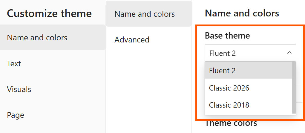 Roll back to the previous base theme, or bring an older report up to the latest modern defaults, all from the Customize current theme dialog.