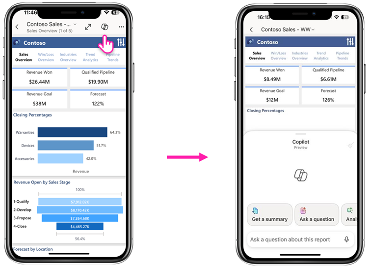 Ask a question, get an answer. In-report Copilot on the Power BI Mobile app turns your report into a conversation.