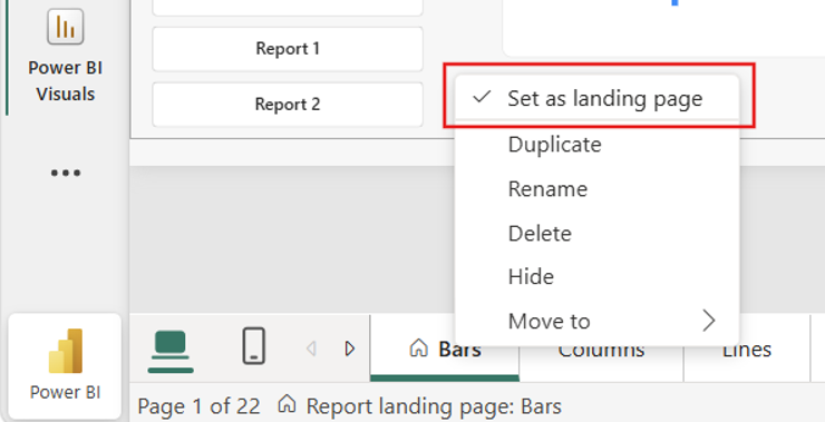 Set a report page as the landing page from the page tab menu.