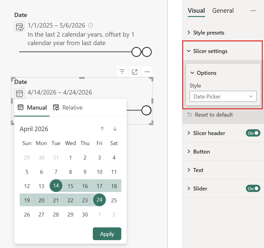 Date picker slicer in Power BI showing relative and manual date selection options in a single control.