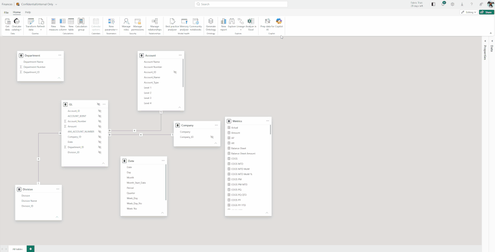 Copilot in web modeling running the prompt of “Improve table relationships” and specifying which relationships to create.